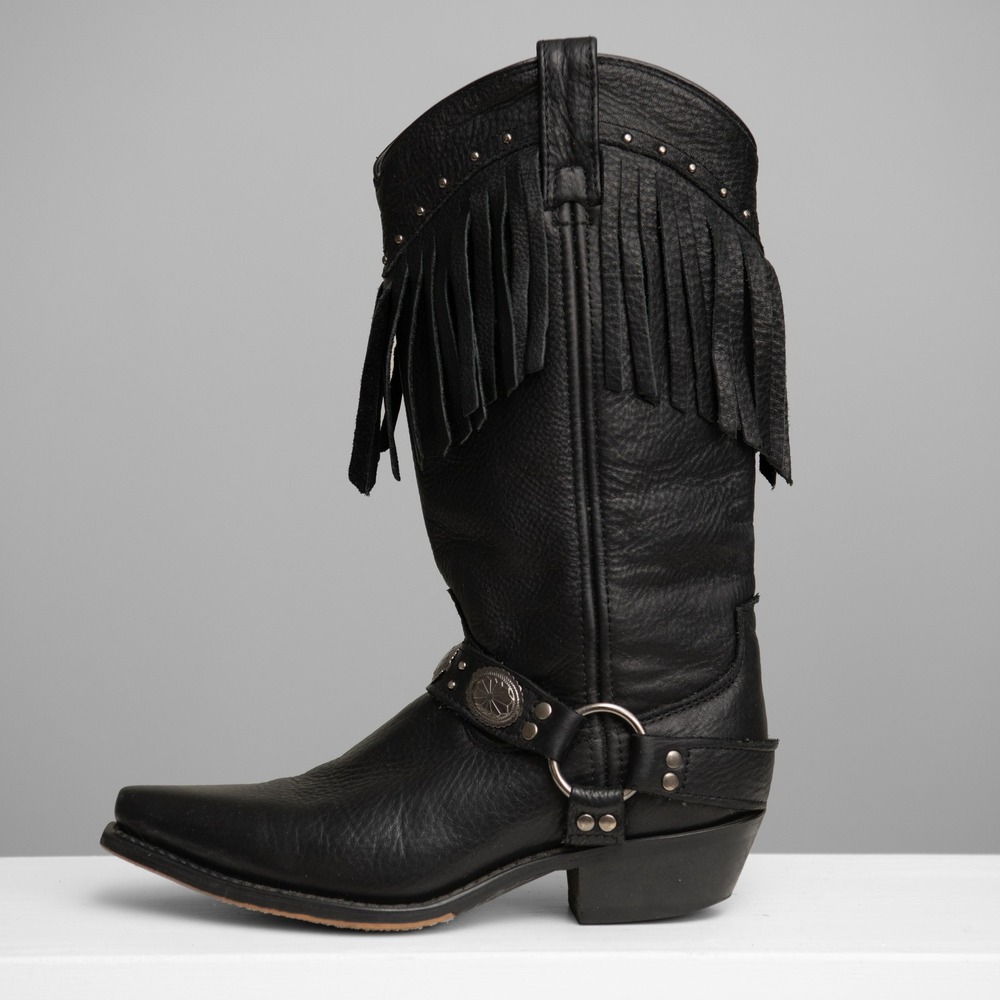 Laredo Black Leather Fringe Harness Western Cowboy Boots Boho Festival Edgy Moto
